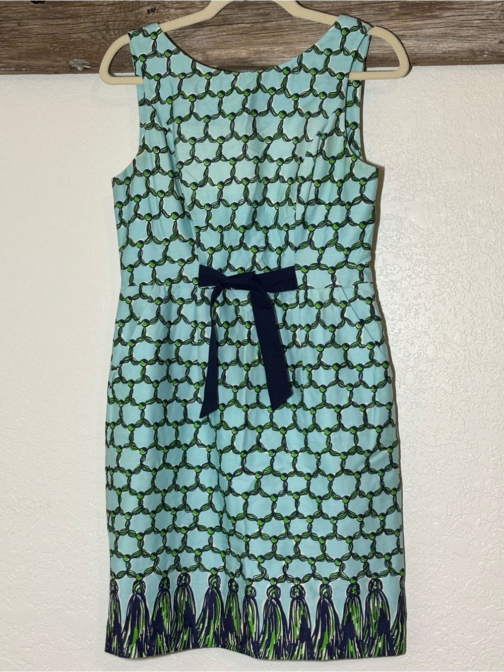 Lilly Pulitzer Aqua Dress with Navy and Green Chain-Link Print, Size 6